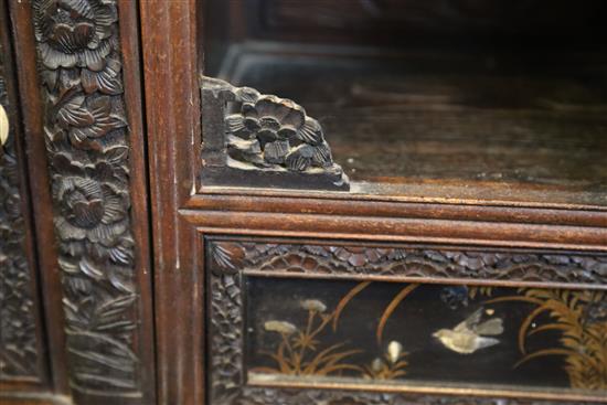 A Japanese Meiji period carved wood and shibayama cabinet, W.3ft 10in. D.1ft .5in. H.6ft 2in.